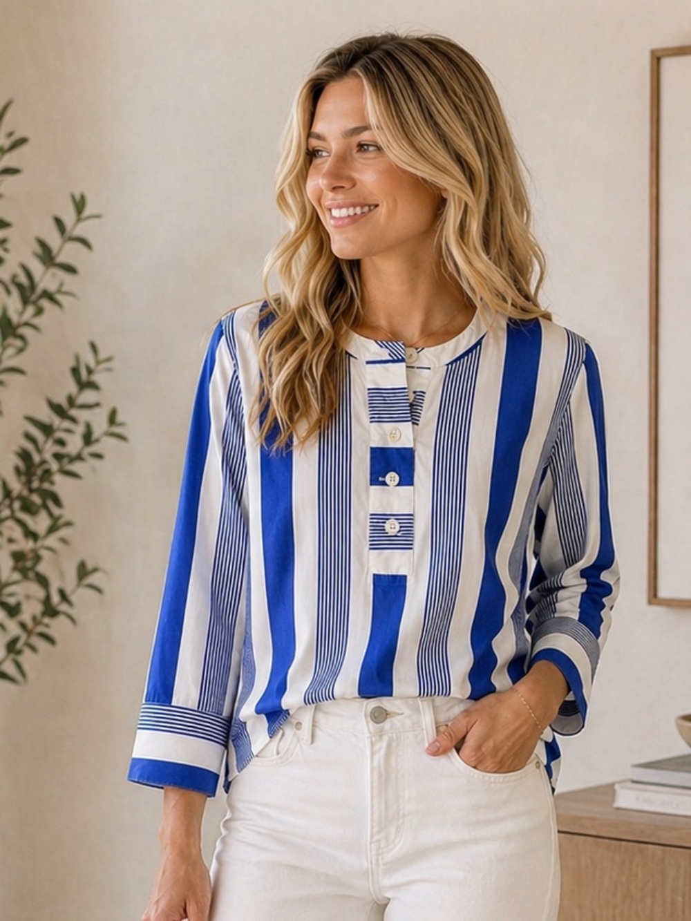 J.Crew Blue White Striped Popover Blouse Medium Button Front Tunic Top - Picture 2 of 5
